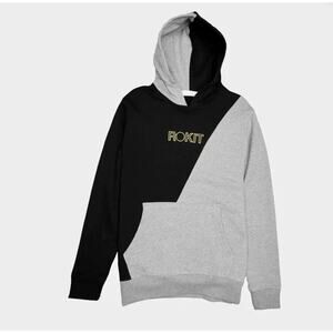 Rokit Split Cotton French Terry Hoodie Black Gray & Yellow Logo Sweatshirt L